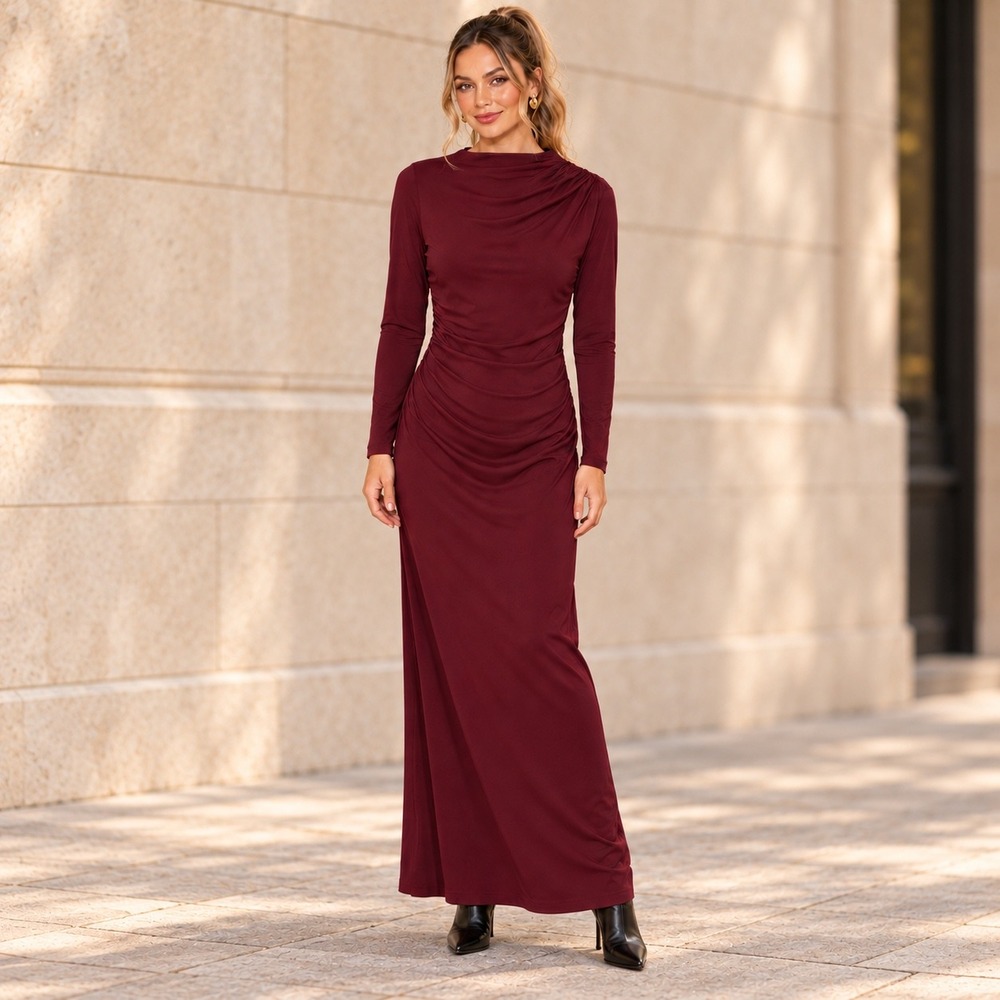 Abercrombie & Fitch Modal-Blend Ruched Maxi Burgundy Size M NEW Long Sleeve